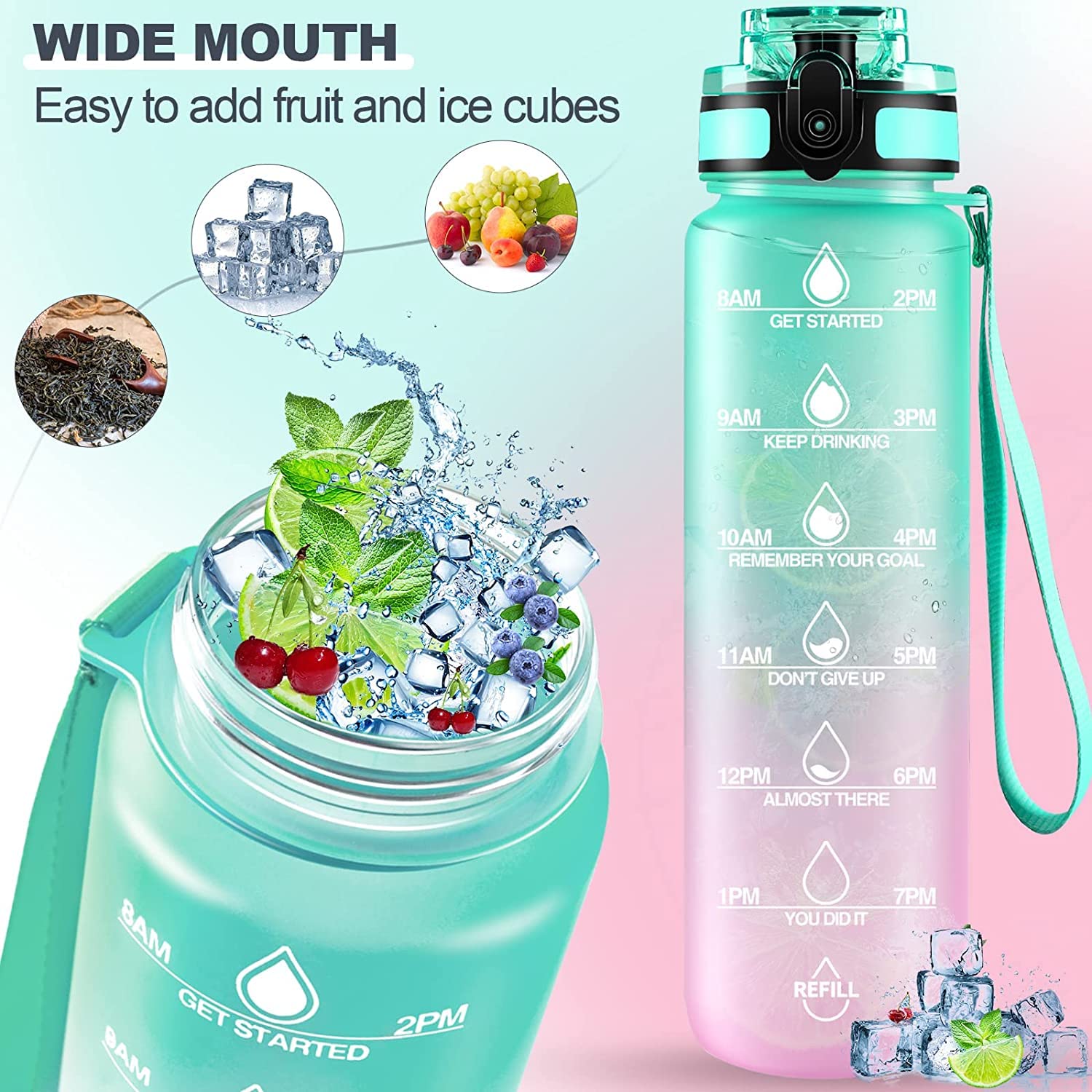 Motivational Water Bottle with Straw & Time Marker - Leakproof Tritan Portable Gym Bottle for Sports, Hiking & Camping thumbnail 2