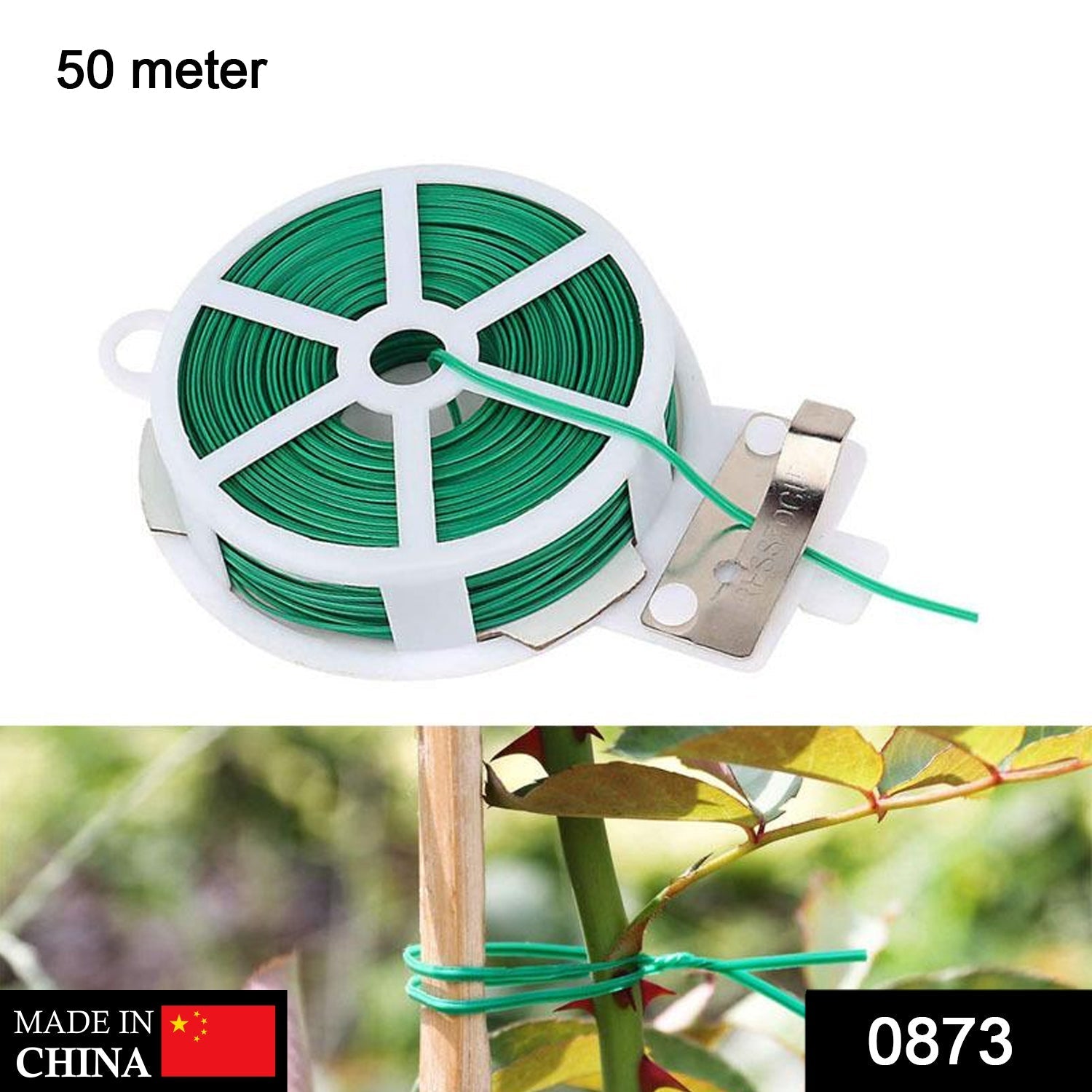 Plastic Twist Tie Wire Spool With Cutter For Garden Yard Plant 50m (Green) thumbnail 2