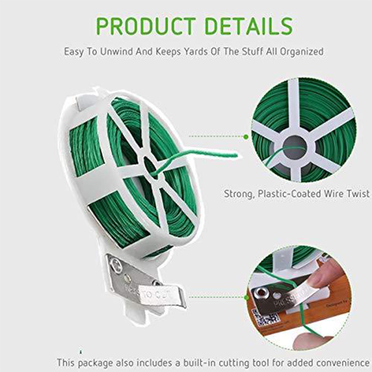 Plastic Twist Tie Wire Spool With Cutter For Garden Yard Plant 50m (Green) thumbnail 9