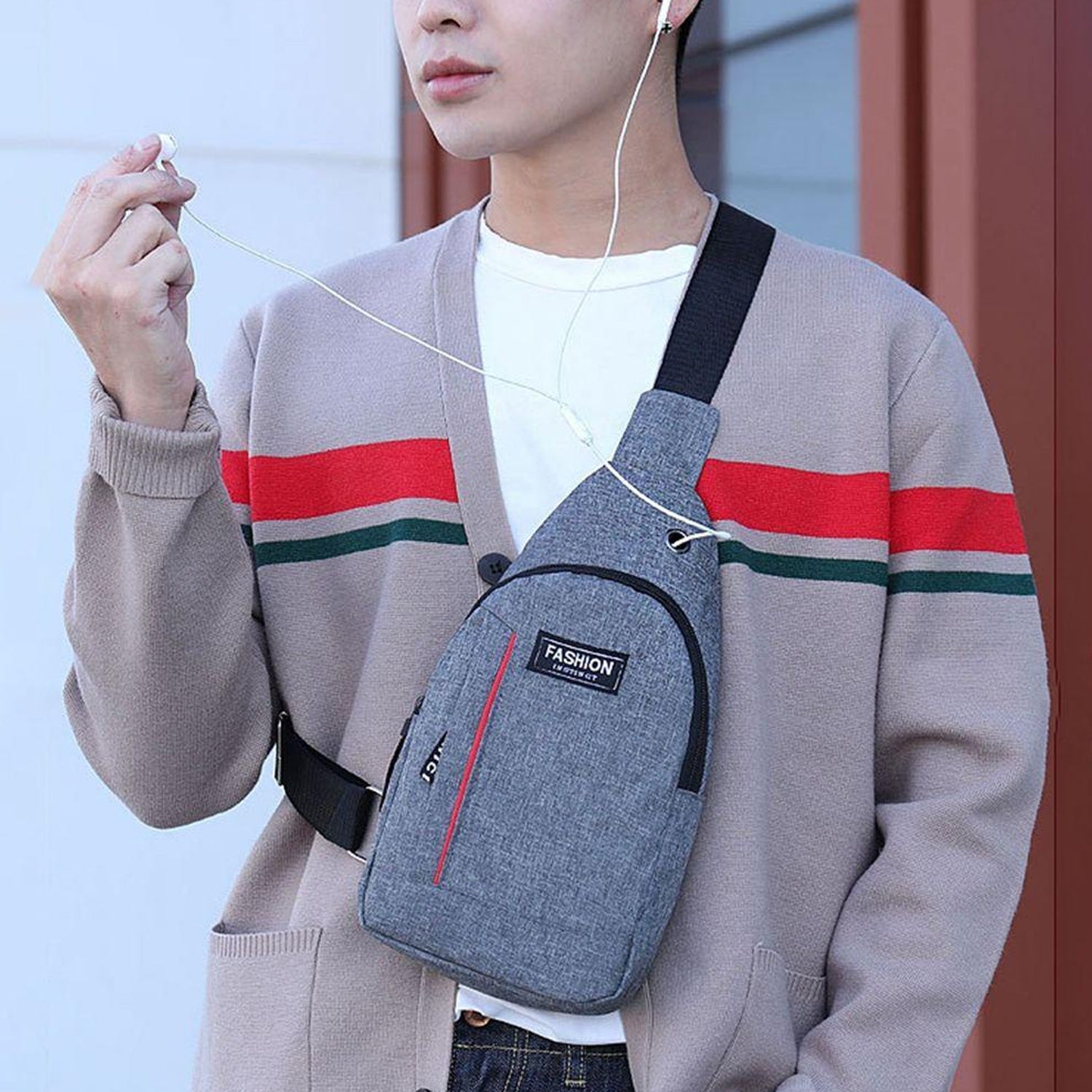 Waterproof Anti-Theft Crossbody Fanny Pack with USB Charging & Earphone Hook (Grey/Blue) thumbnail 5