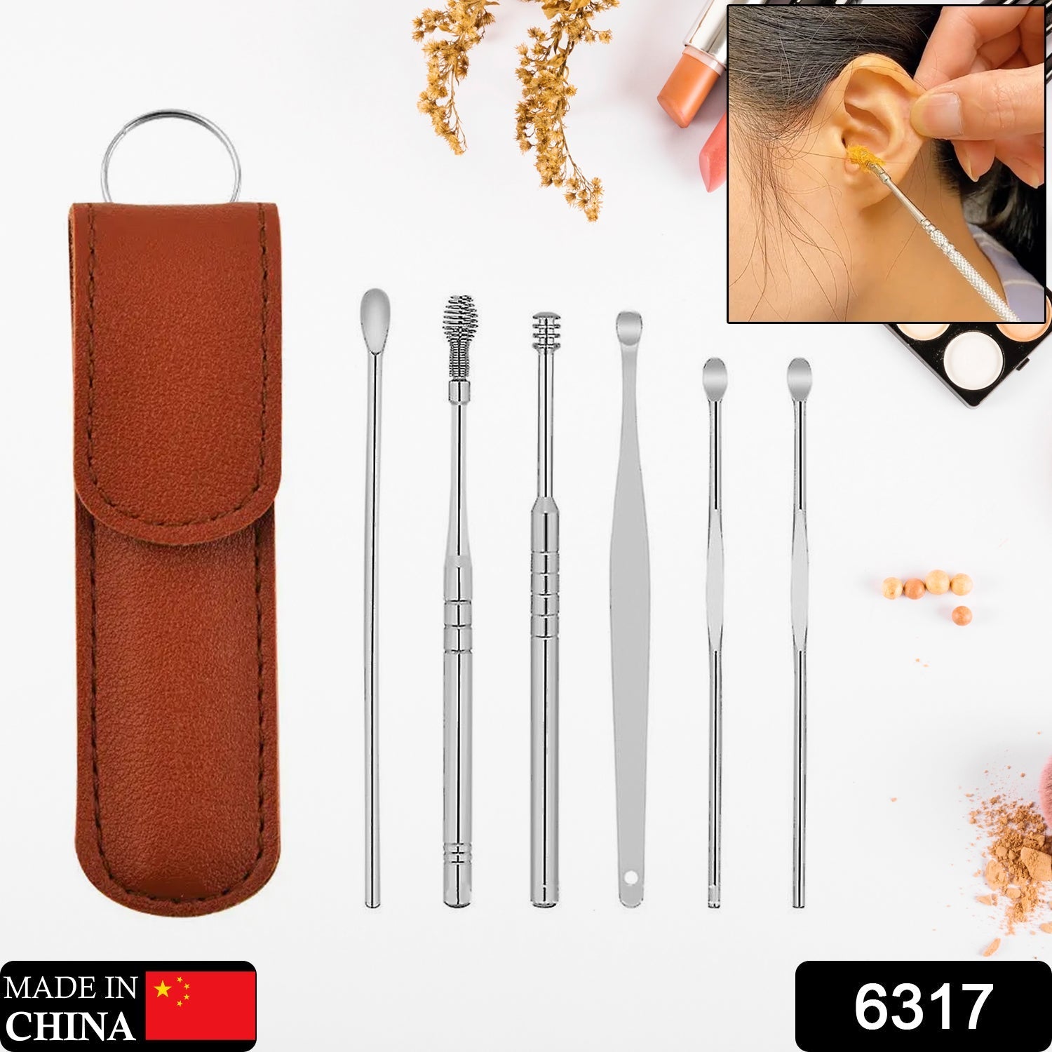 6-in-1 Ear Wax Cleaner- Resuable Ear Cleaning Tools Leather Pouch - Ear Pick Wax Remover Tool Kit with Ear Curette Cleaner and Spring Ear Buds Cleaner Fit in Pocket Great for Traveling thumbnail 2